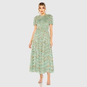 Mac Duggal 8014 NWT Green Ruffle Tiered Short Sleeve A Line Dress